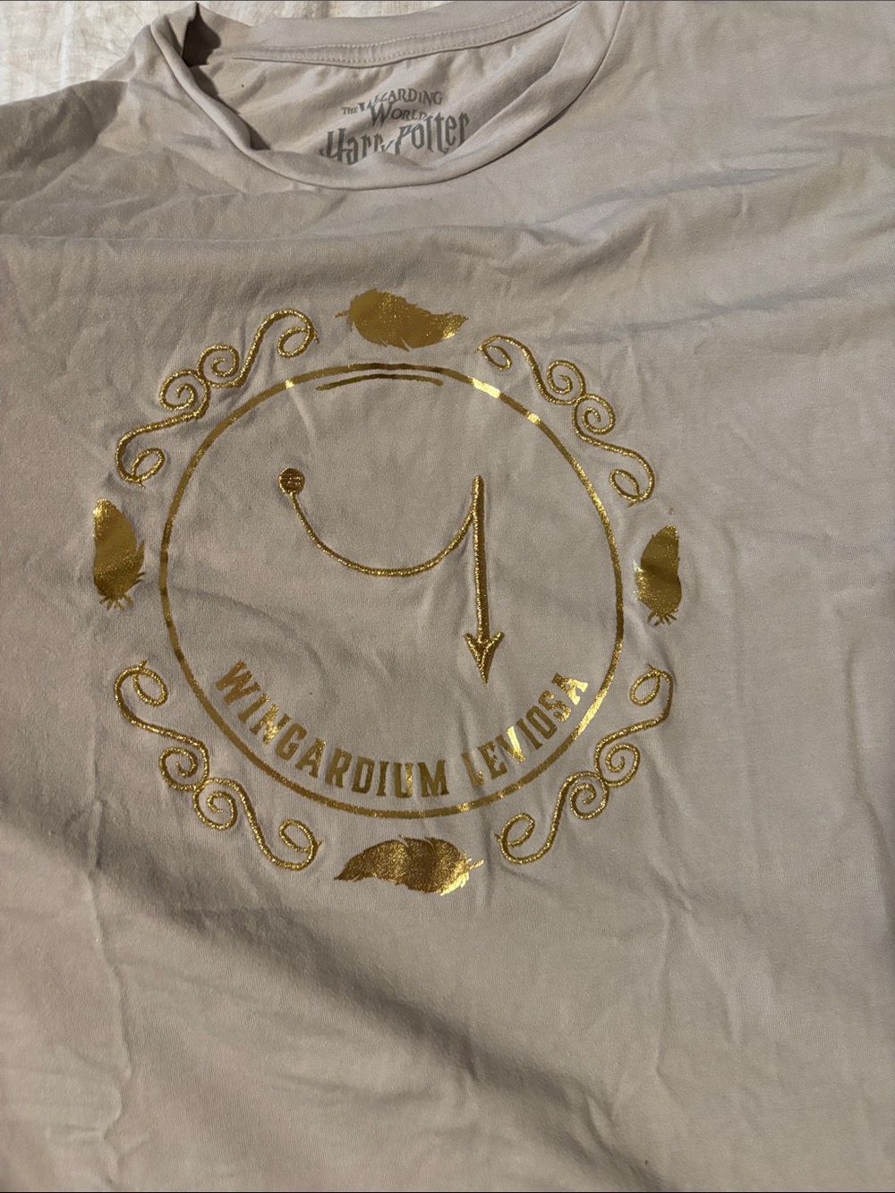 Warner Bros. Beige Graphic Tee with Gold Foil Wingardium Leviosa Design